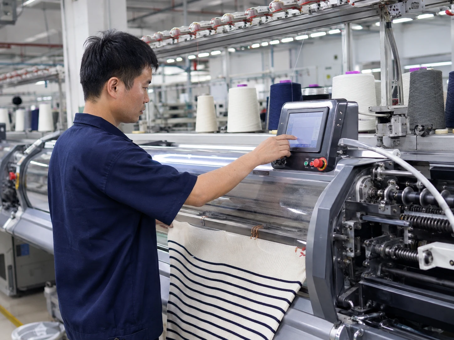 Flat knitting machine setup at a Dongguan low MOQ knitwear manufacturer