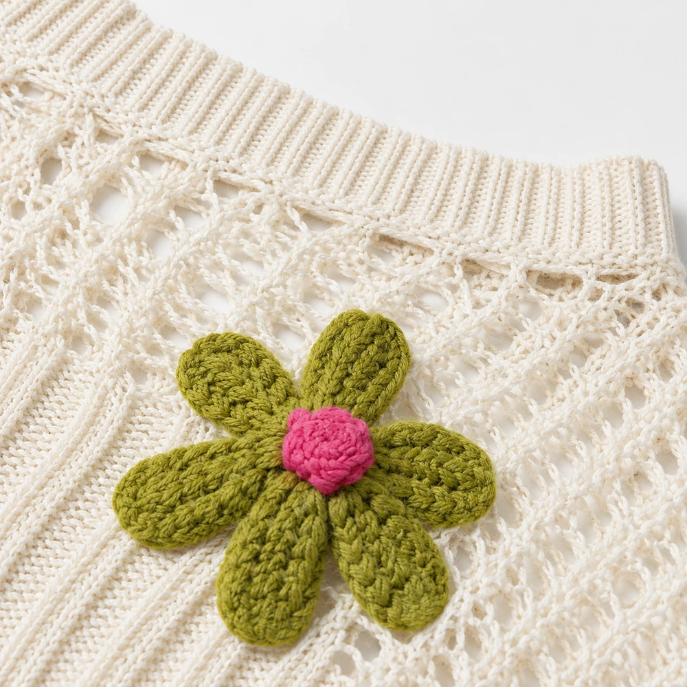 Women’s Floral Appliqué Crochet Mesh Top - Construction & Craft Detail
