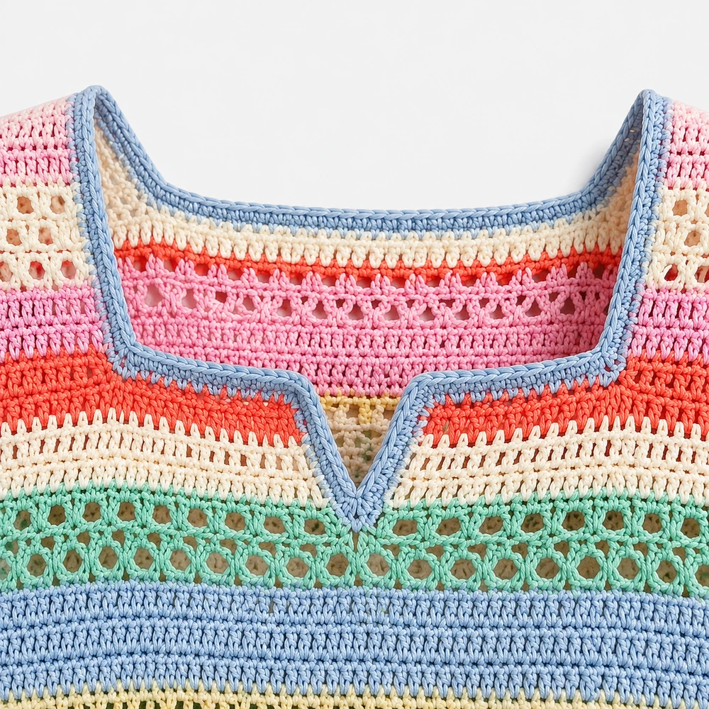Women’s Multicolor Striped Crochet Top - Construction & Craft Detail