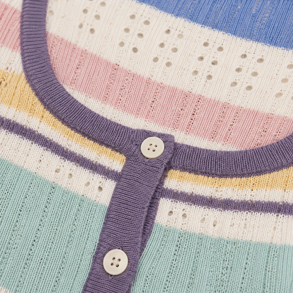 Women’s Pastel Striped Pointelle Knit Cardigan - Construction & Craft Detail