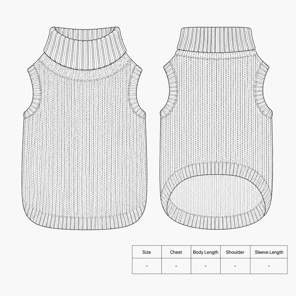 5GG Ombre Turtleneck Pet Sweater - Technical Sketch & Size Reference
