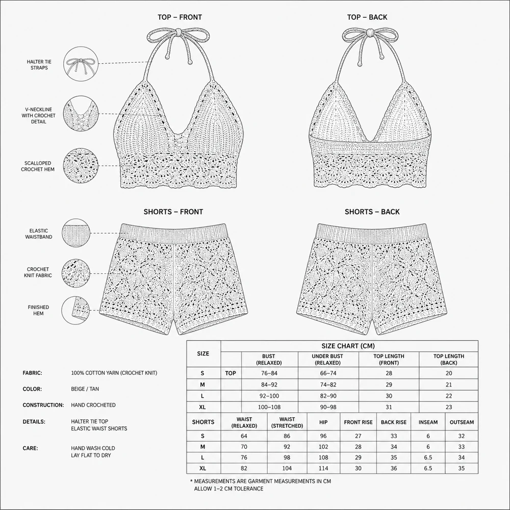 Women’s Scallop Edge Crochet Halter Top - Technical Sketch & Reference