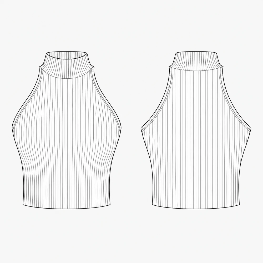 Women’s 12GG Ribbed Halter Knit Top - Technical Sketch & Reference