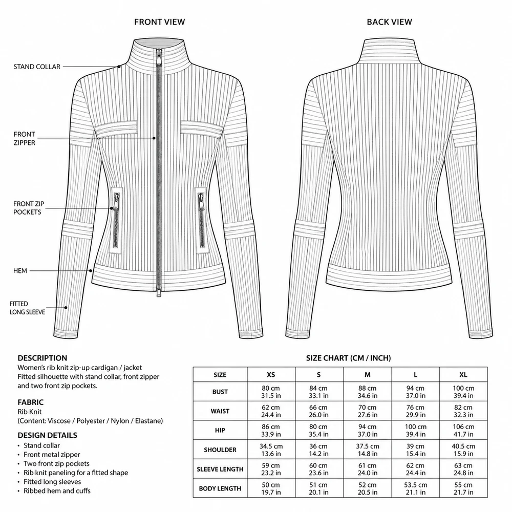 Women’s Ribbed Full-Zip Knit Jacket - Technical Sketch & Reference