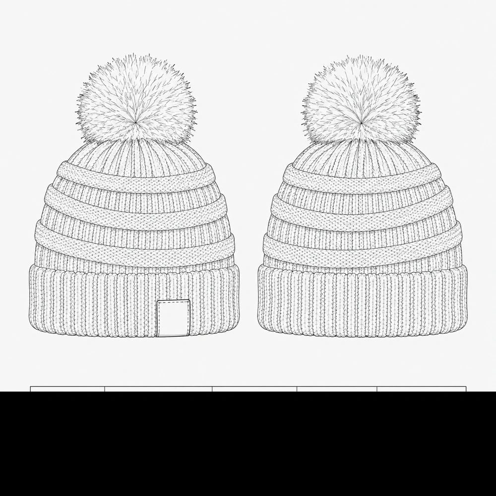 Premium Faux Fur Pom-Pom Beanie - Technical Sketch & Reference