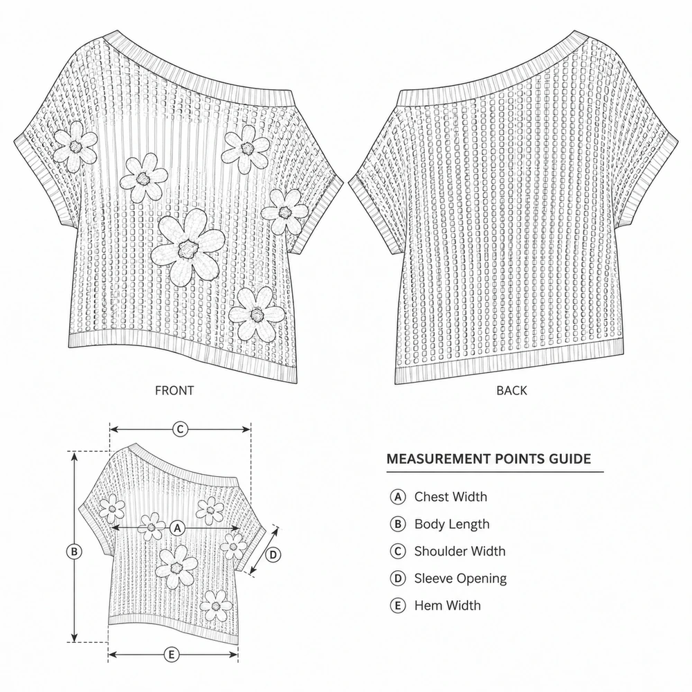 Women’s Floral Appliqué Crochet Mesh Top - Technical Sketch & Reference