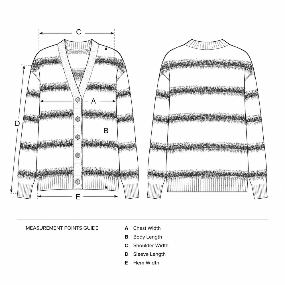 Women’s Fuzzy Striped V-Neck Knit Cardigan - Technical Sketch & Reference