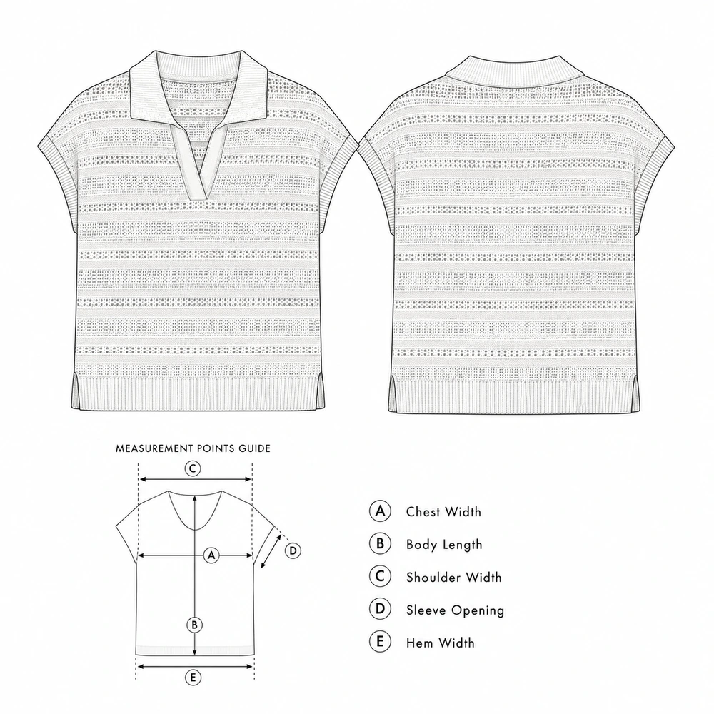 Women’s Openwork Pointelle Knit Polo Top - Technical Sketch & Reference