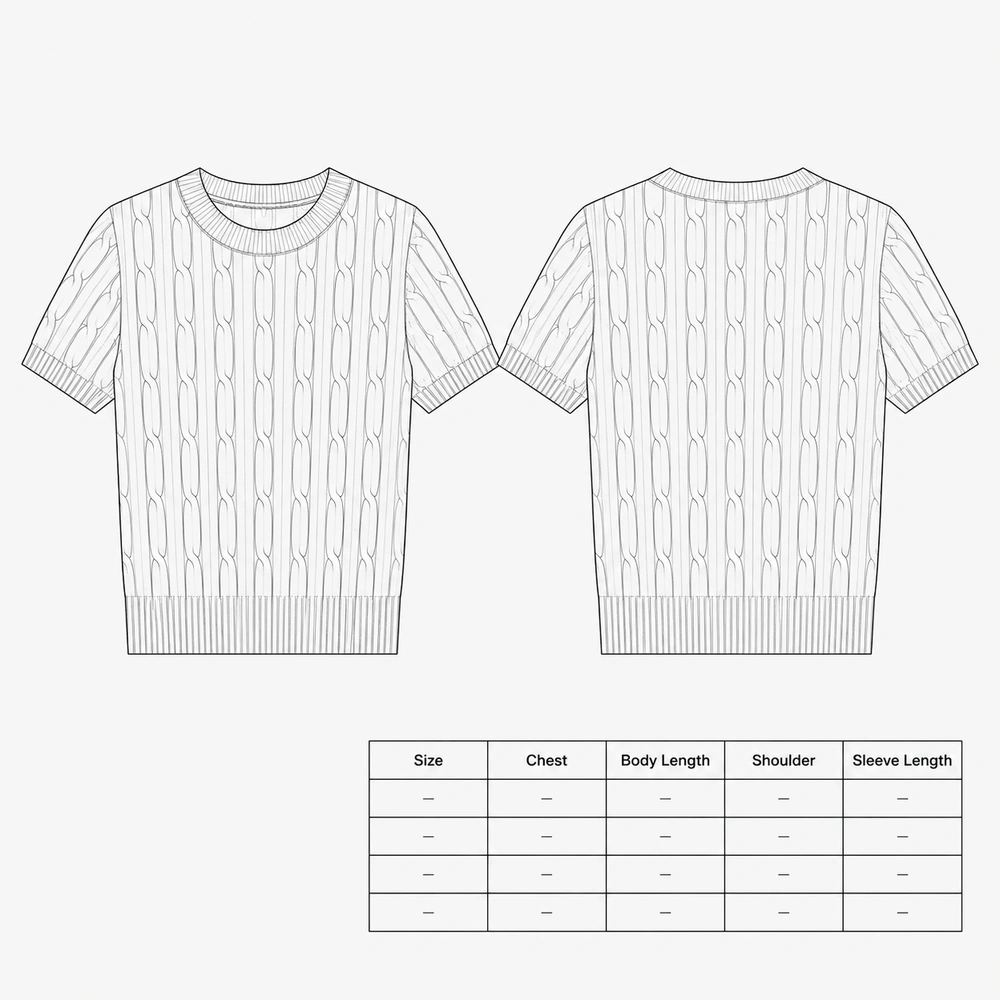 Women’s 12GG Cable Knit Short-Sleeve Sweater - Technical Sketch & Reference