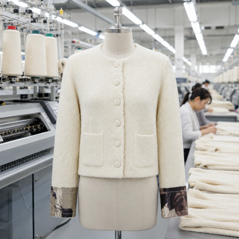 Women’s Crew Neck Contrast-Cuff Button-Front Knit Cardigan - Bulk Production