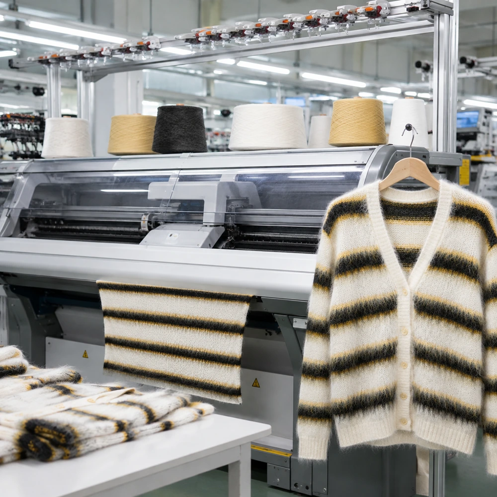 Women’s Fuzzy Striped V-Neck Knit Cardigan - Bulk Production