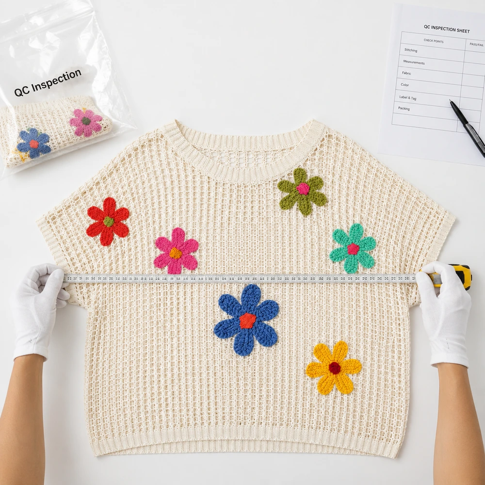 Women’s Floral Appliqué Crochet Mesh Top - Measurement & QC