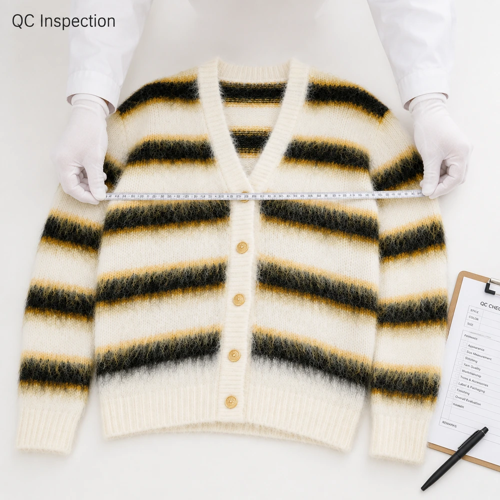 Women’s Fuzzy Striped V-Neck Knit Cardigan - Measurement & QC