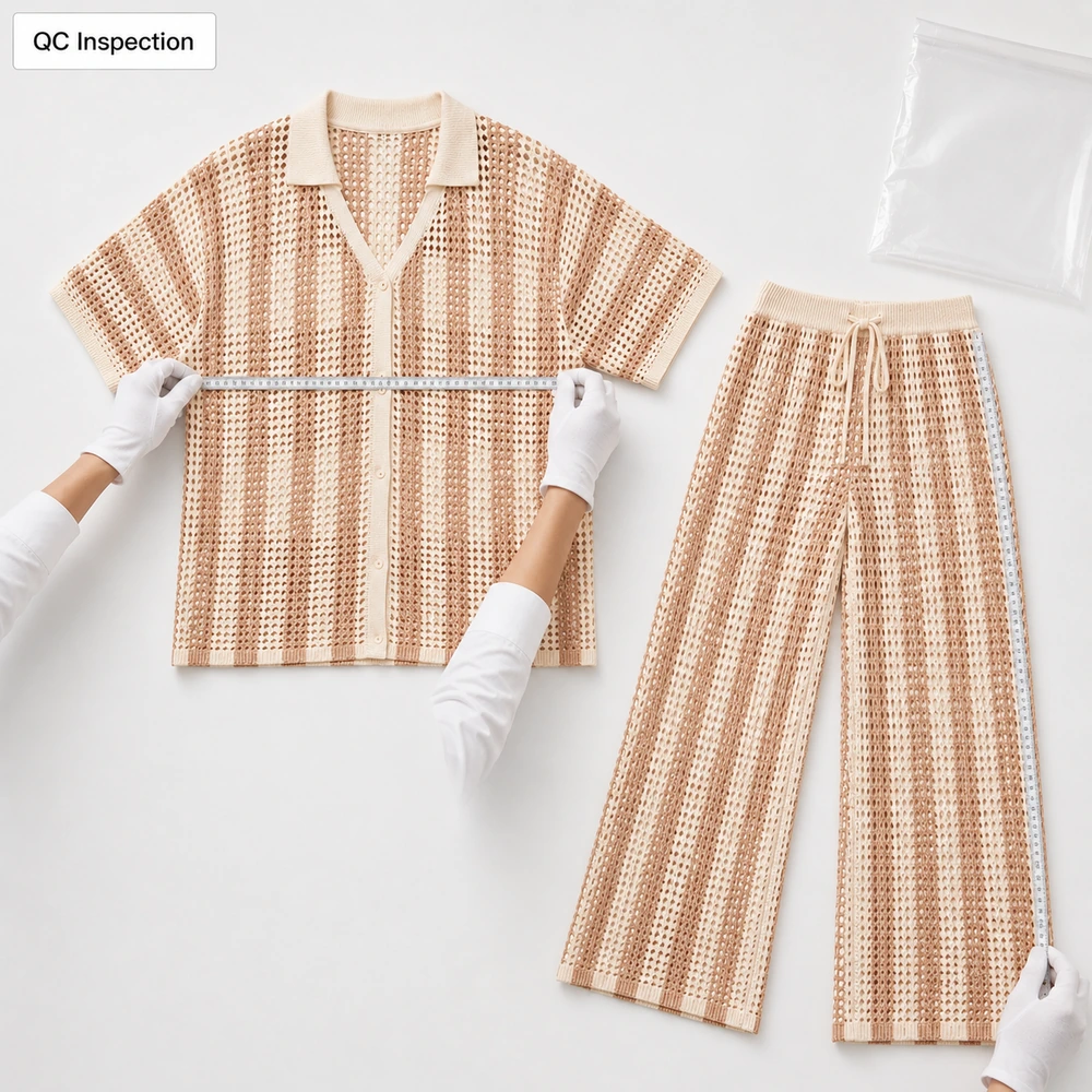 Women’s Striped Open-Knit Shirt & Wide-Leg Pants Set - Measurement & QC