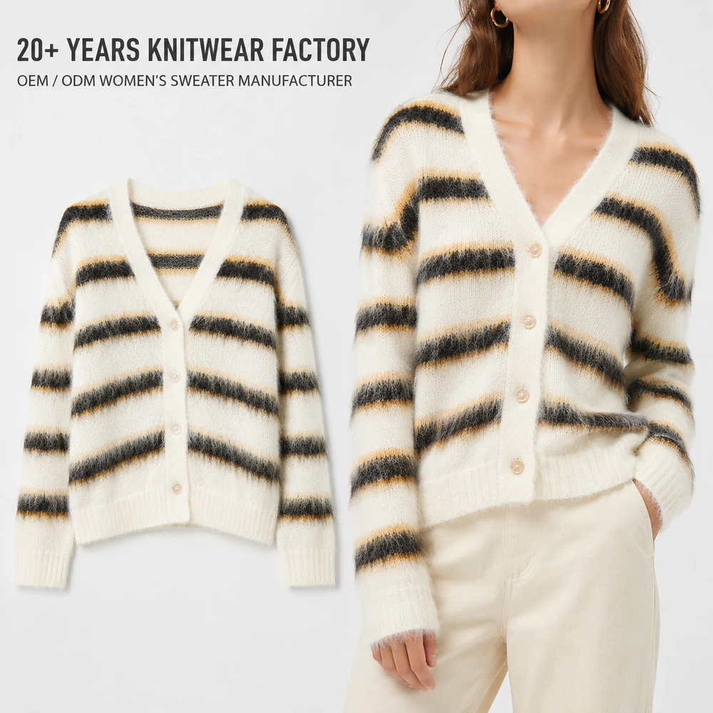 Women’s Fuzzy Striped V-Neck Knit Cardigan - On-Model Presentation