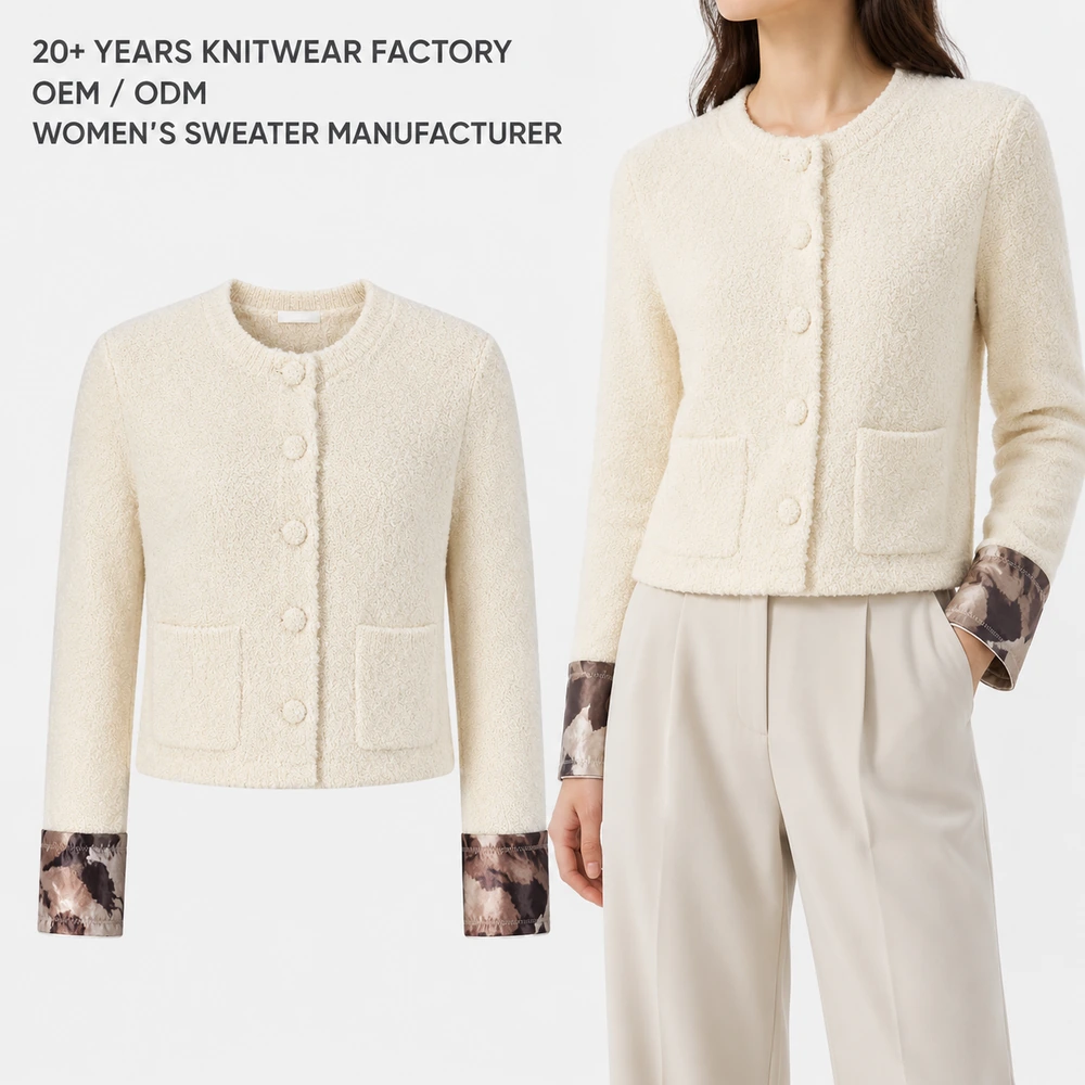 Women’s Crew Neck Contrast-Cuff Button-Front Knit Cardigan - On-Model Presentation