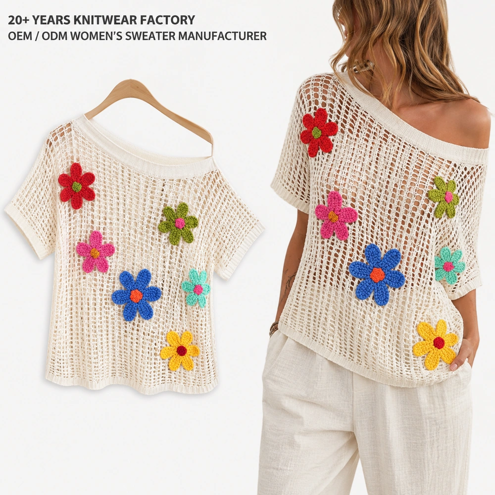 Women’s Floral Appliqué Crochet Mesh Top - On-Model Presentation