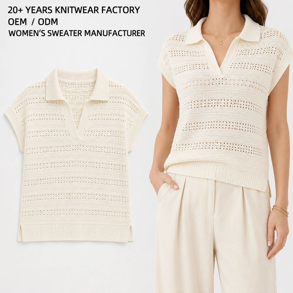 Women’s Openwork Pointelle Knit Polo Top - On-Model Presentation