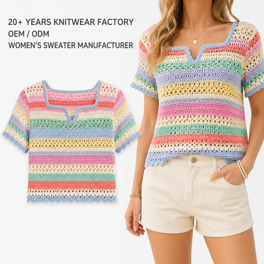 Women’s Multicolor Striped Crochet Top - On-Model Presentation