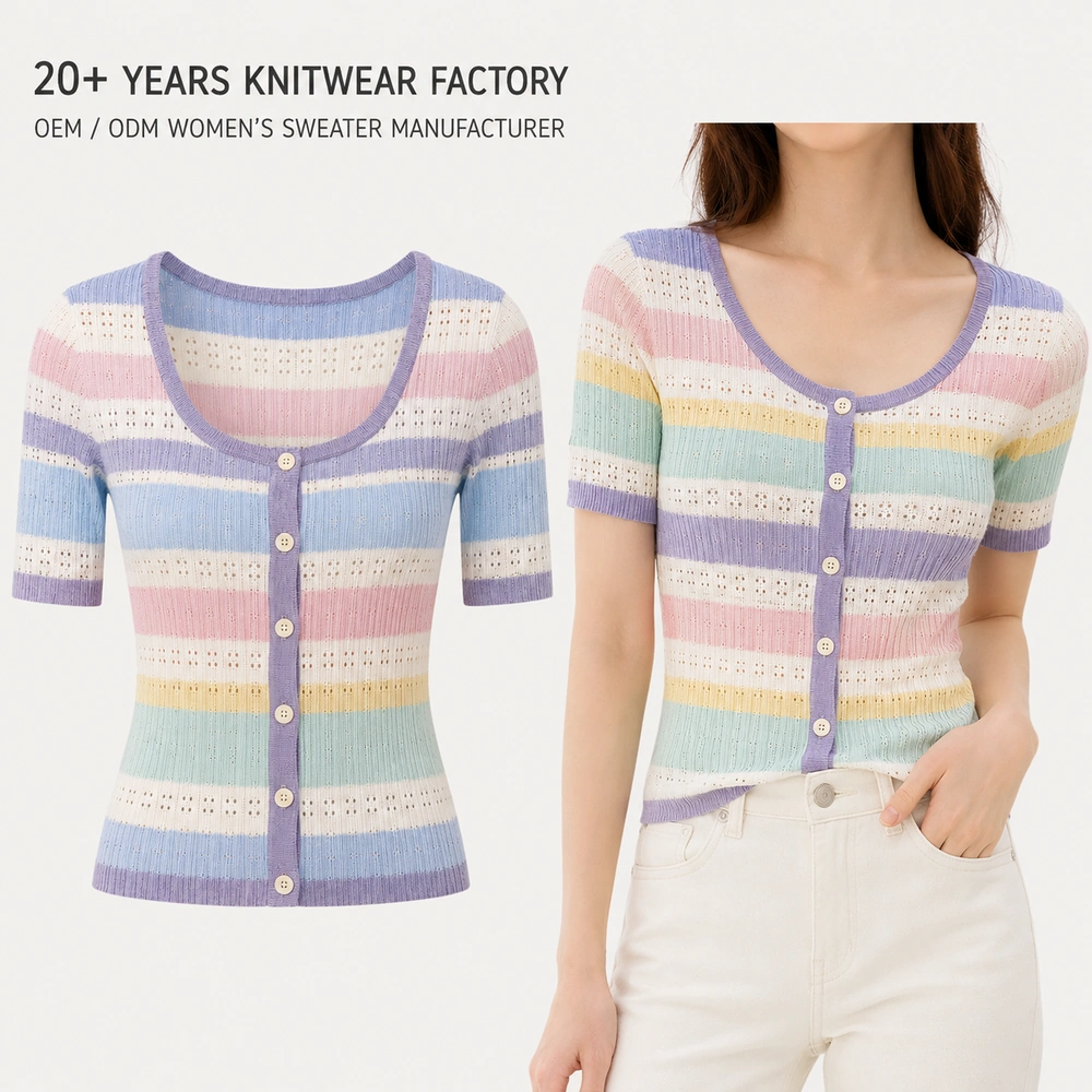 Women’s Pastel Striped Pointelle Knit Cardigan - On-Model Presentation