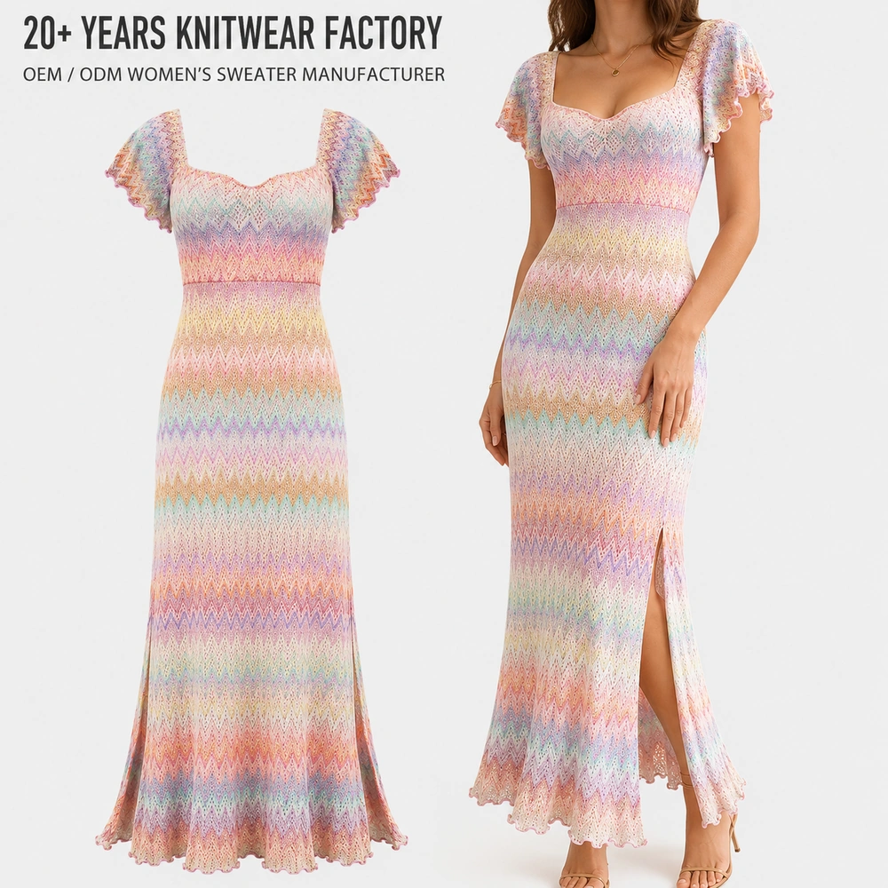 Women’s Pastel Chevron Pointelle Knit Maxi Dress - On-Model Presentation