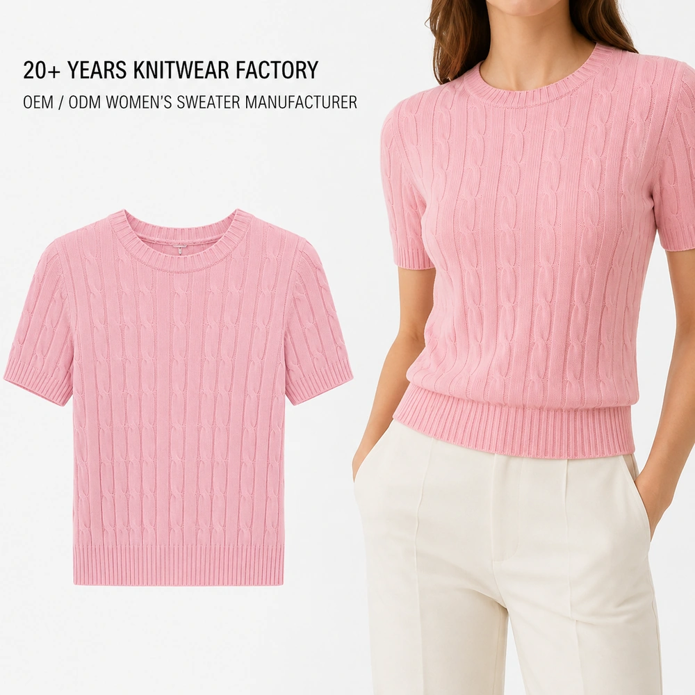 Women’s 12GG Cable Knit Short-Sleeve Sweater - On-Model Presentation