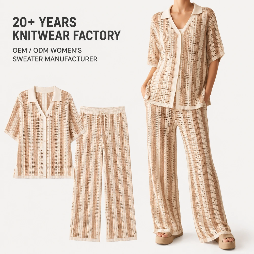 Women’s Striped Open-Knit Shirt & Wide-Leg Pants Set - On-Model Presentation