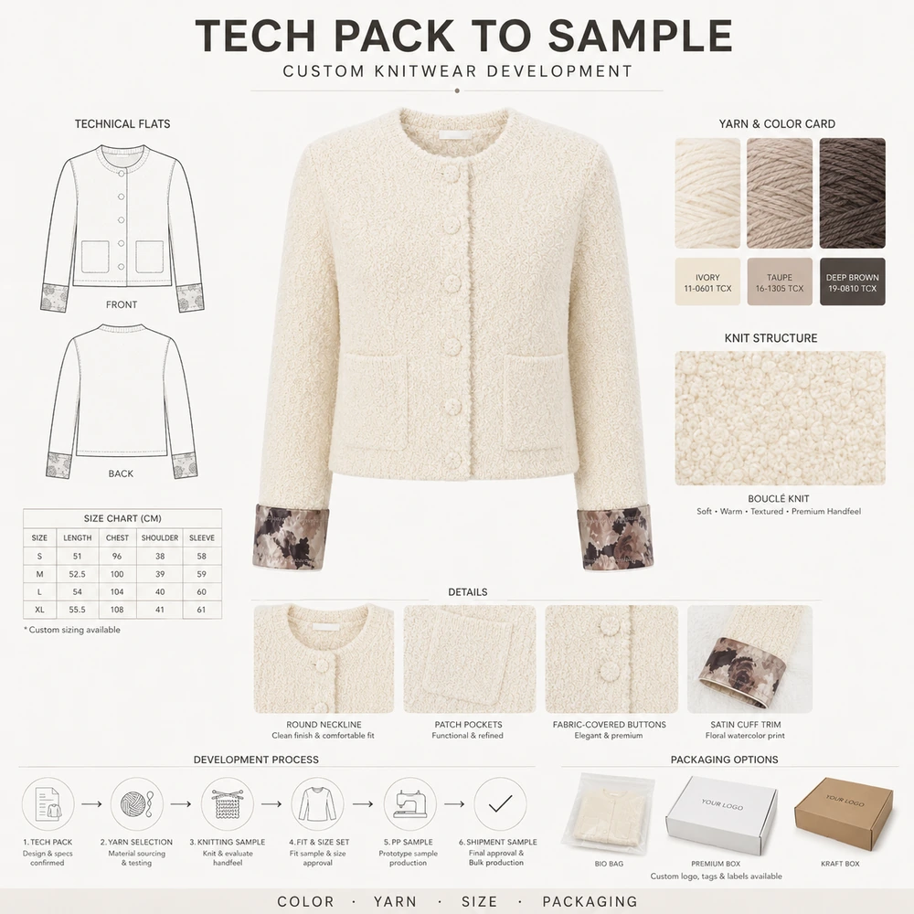 Women’s Crew Neck Contrast-Cuff Button-Front Knit Cardigan - Full Customization Support