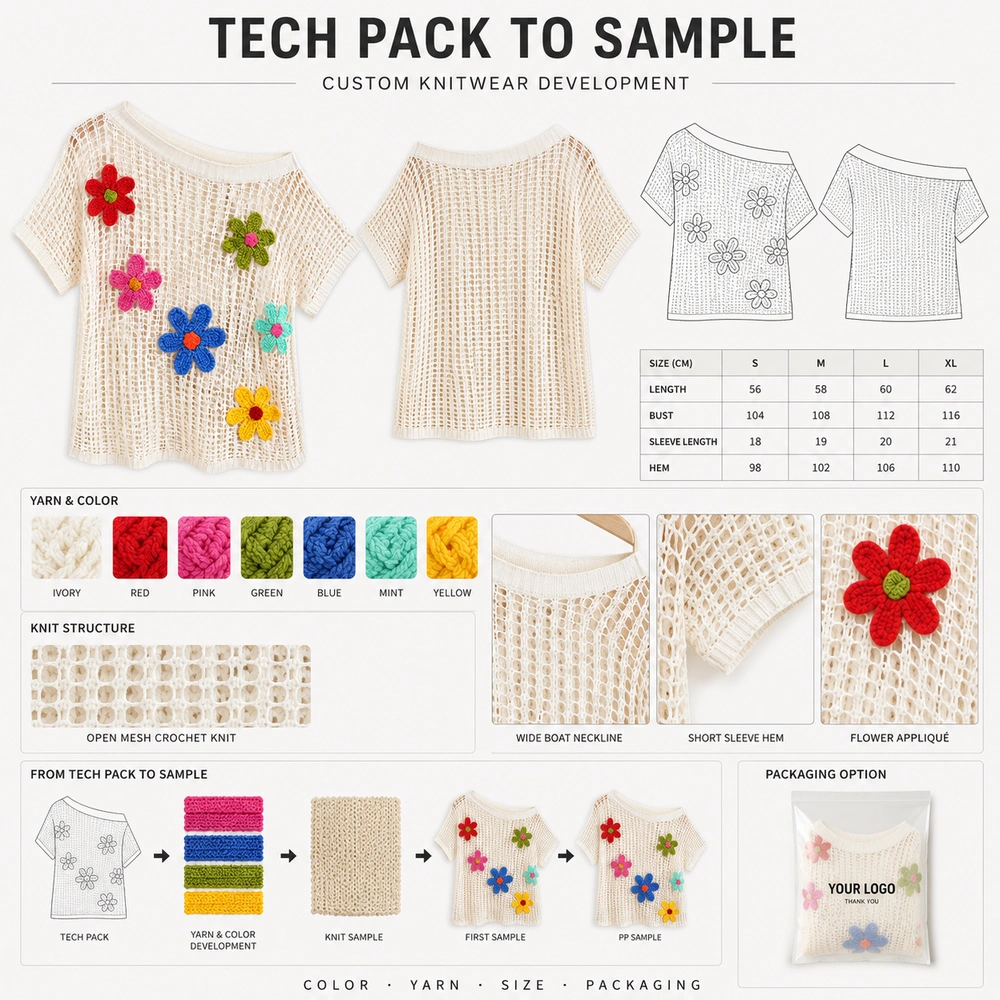 Women’s Floral Appliqué Crochet Mesh Top - Full Customization Support