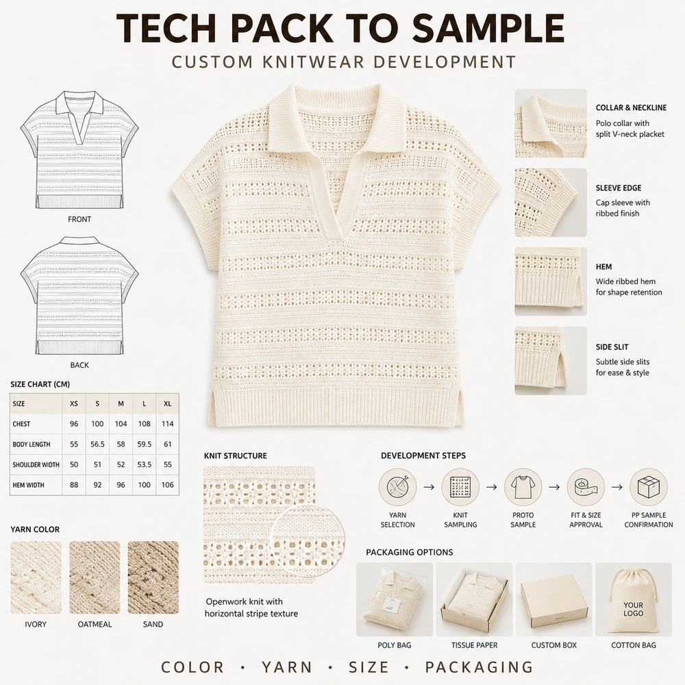 Women’s Openwork Pointelle Knit Polo Top - Full Customization Support