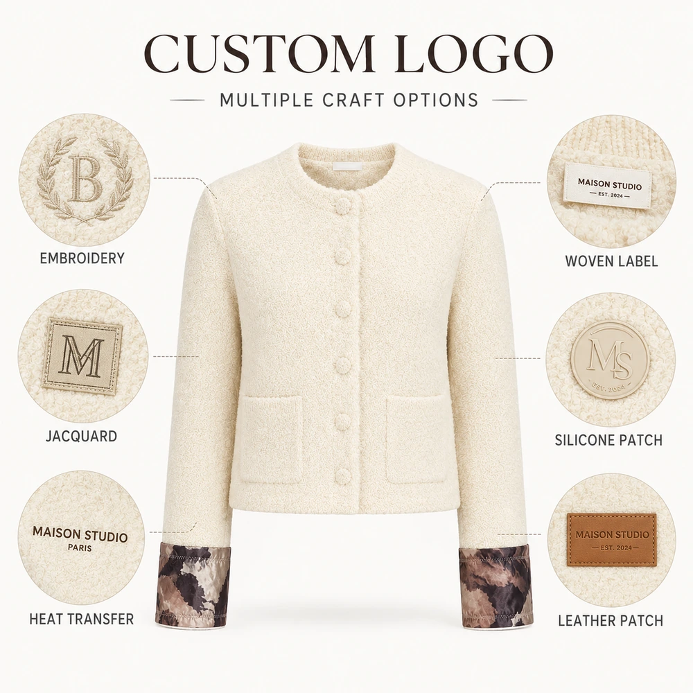 Women’s Crew Neck Contrast-Cuff Button-Front Knit Cardigan - Custom Logo Options