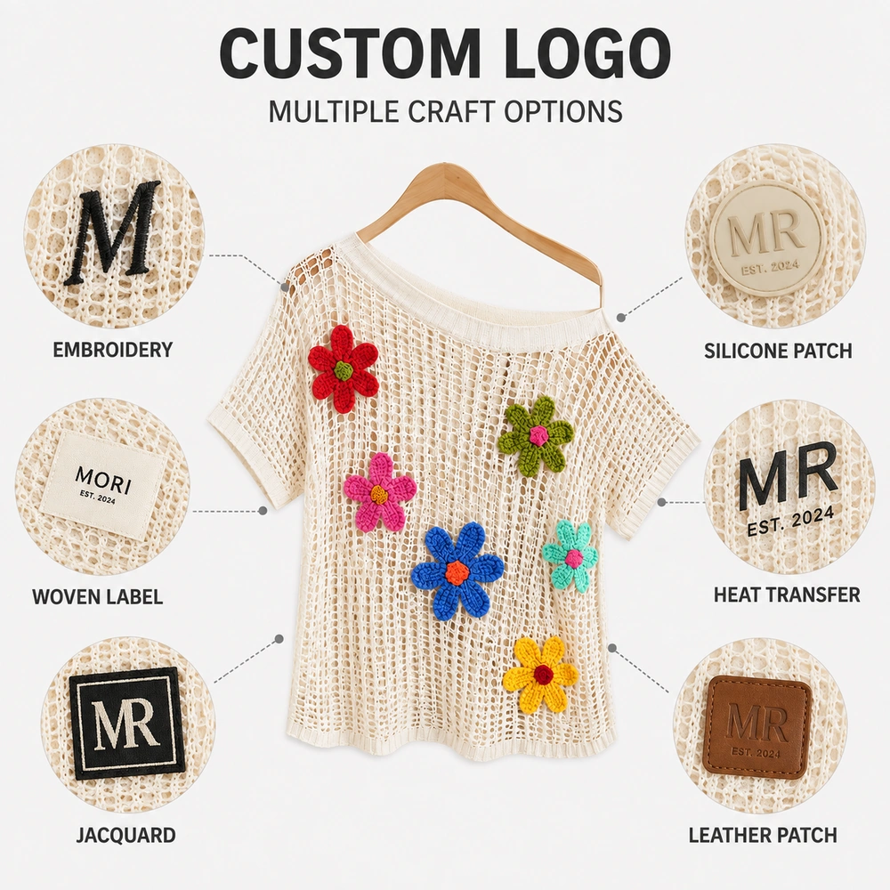Women’s Floral Appliqué Crochet Mesh Top - Custom Logo Options