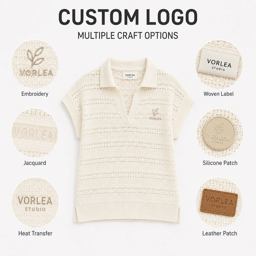 Women’s Openwork Pointelle Knit Polo Top - Custom Logo Options