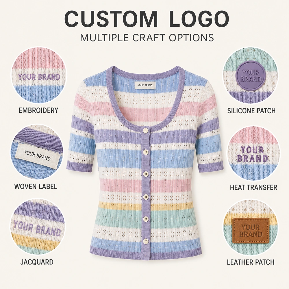 Women’s Pastel Striped Pointelle Knit Cardigan - Custom Logo Options