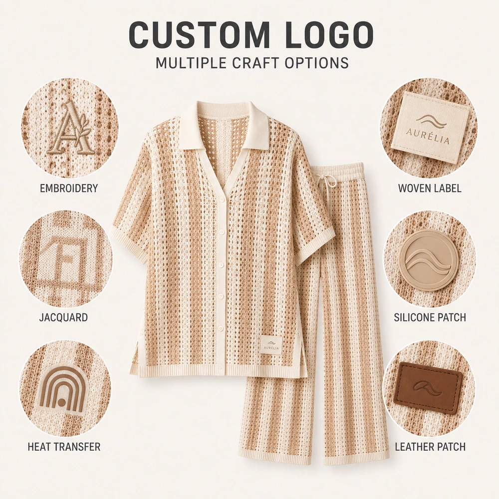 Women’s Striped Open-Knit Shirt & Wide-Leg Pants Set - Custom Logo Options