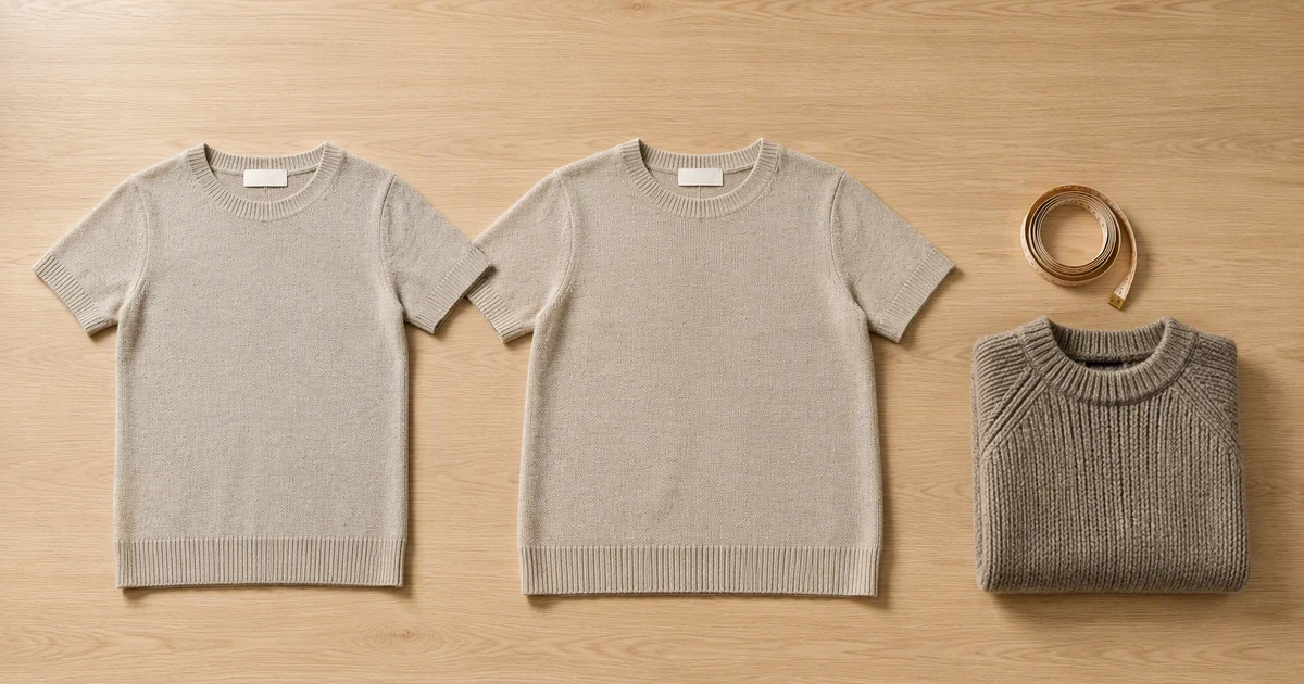 Two flat-laid knitted tops of visibly different width on a light oak surface, with a coiled measuring tape and a folded knit sweater