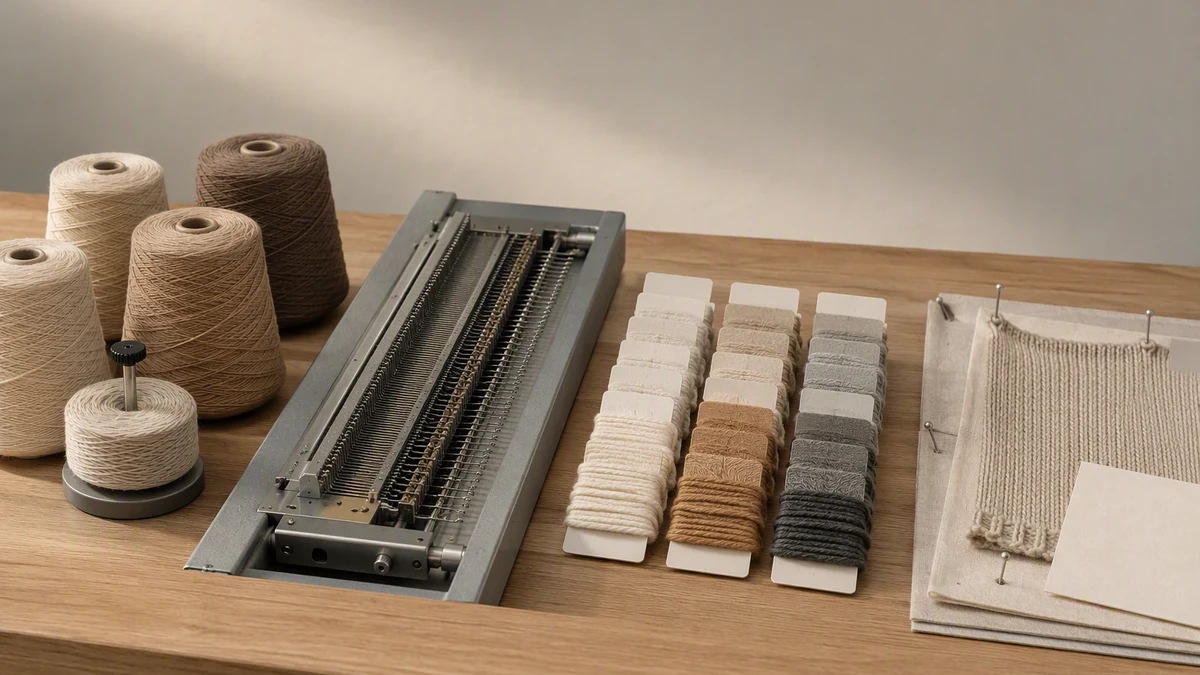 Four knitwear cost drivers: yarn cones, knitting machine bed, colour swatch set and a sampling table