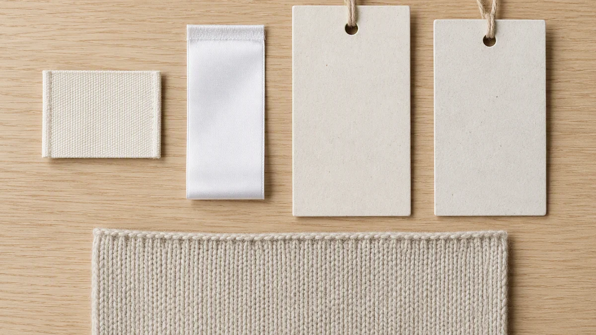 Four blank knitwear label types laid side by side: woven neck label, printed care label, fiber content tag and country of origin tag, with a knitted swatch
