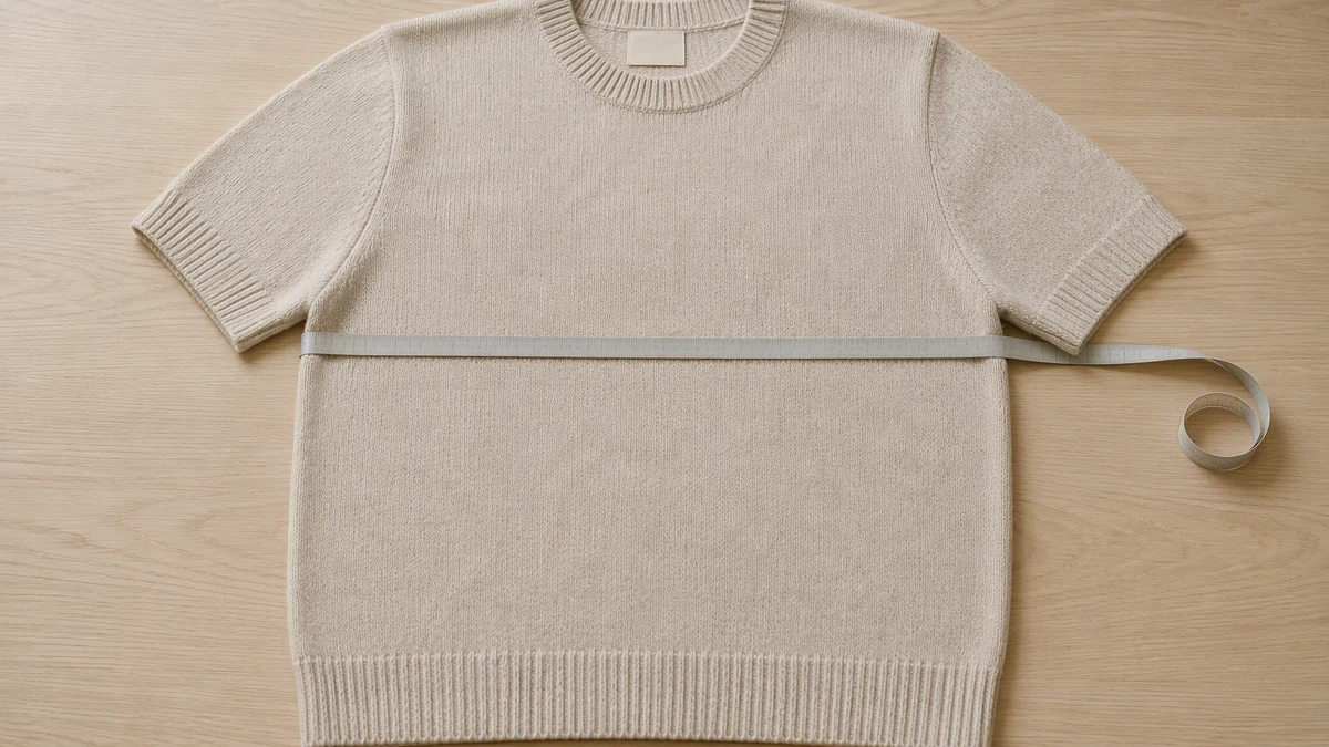 Flat-laid knitted top with a measuring tape laid across the chest width position, tape graduations too small to read