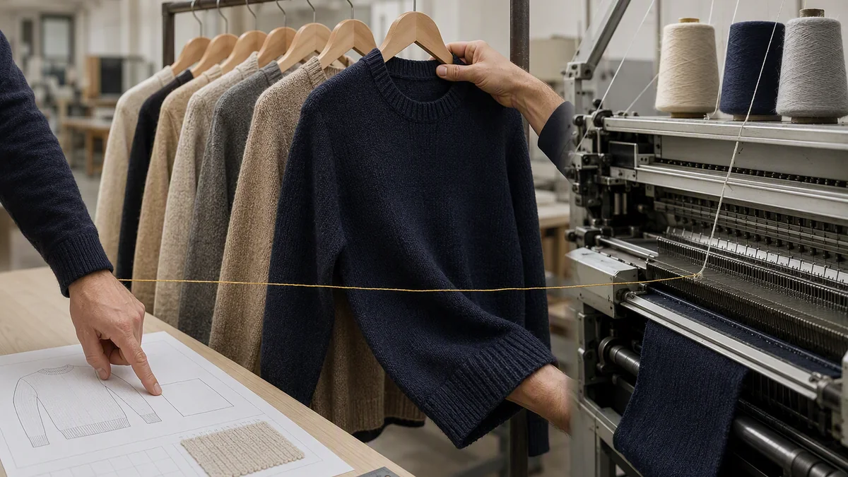 Three-stage knitwear sourcing comparison: a brand-supplied design sheet, a factory sample being selected from a rail, and a flat knitting machine in production