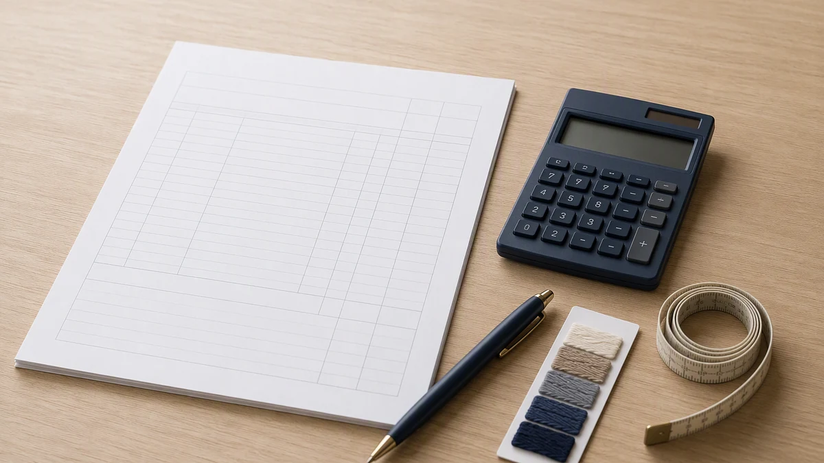 A blank quotation form with ruled rows and empty cells beside a calculator, a pen, a yarn colour swatch card and a coiled measuring tape