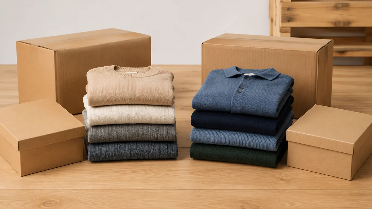 Two stacks of folded knitwear representing two markets, each with a plain kraft gift box and shipping carton, in front of a wooden pallet