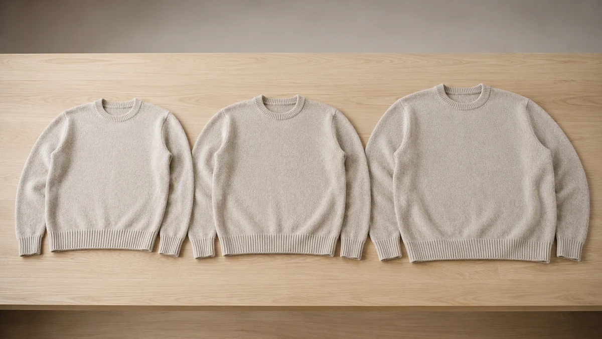 Three flat-laid samples of the same knitted sweater in a size run, widths visibly different from each other