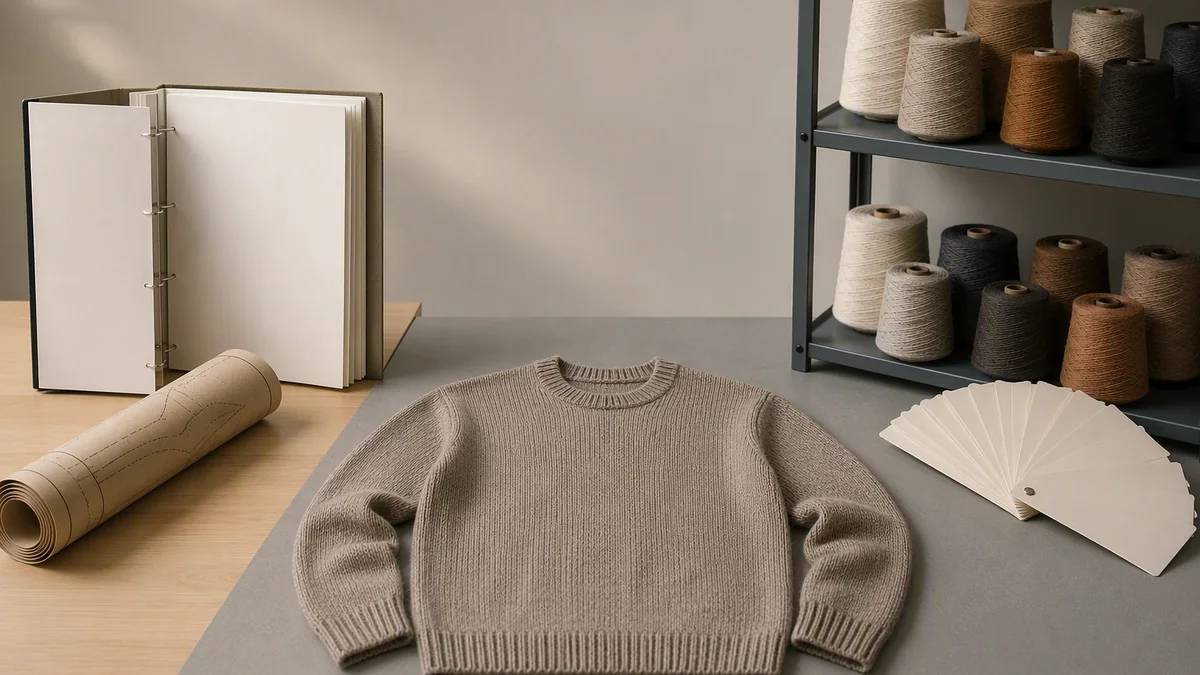 Brand-owned technical documents and a pattern block beside a factory-owned yarn shelf and colour cards, with a finished sample sweater between them