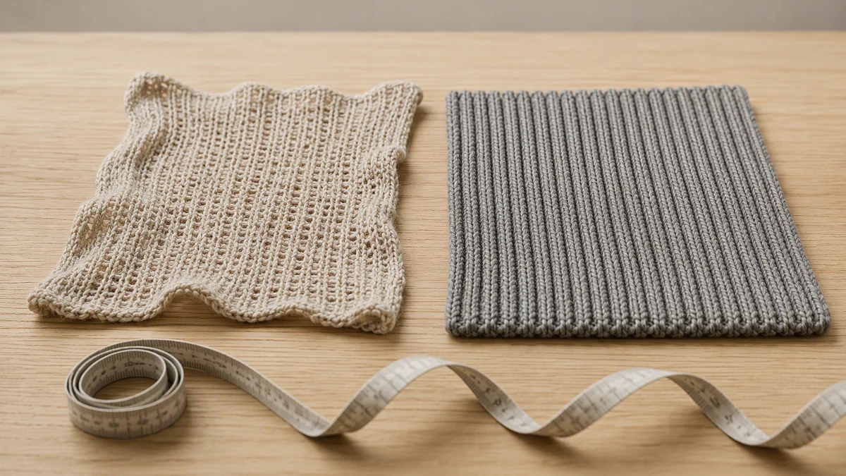 Two knit panels on a quality-control table: a loosely knitted panel with curled edges beside a dense ribbed panel with clean flat edges