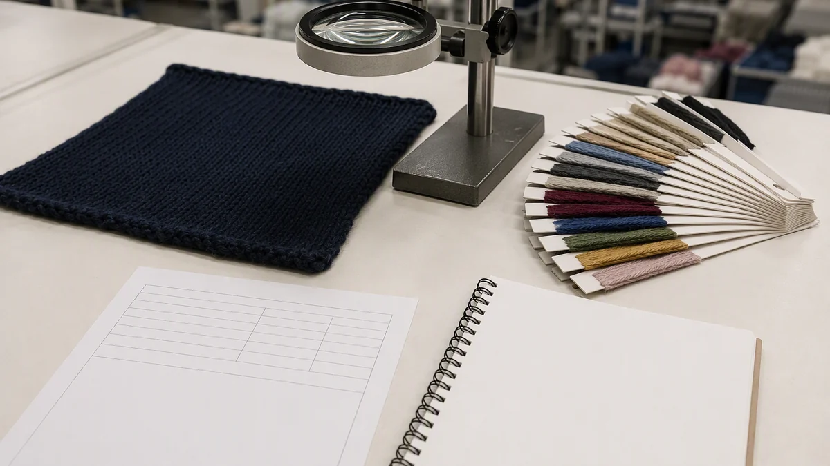 Knitwear swatch under a magnifier on a quality control bench beside a colour swatch set, a blank inspection form and a blank record book
