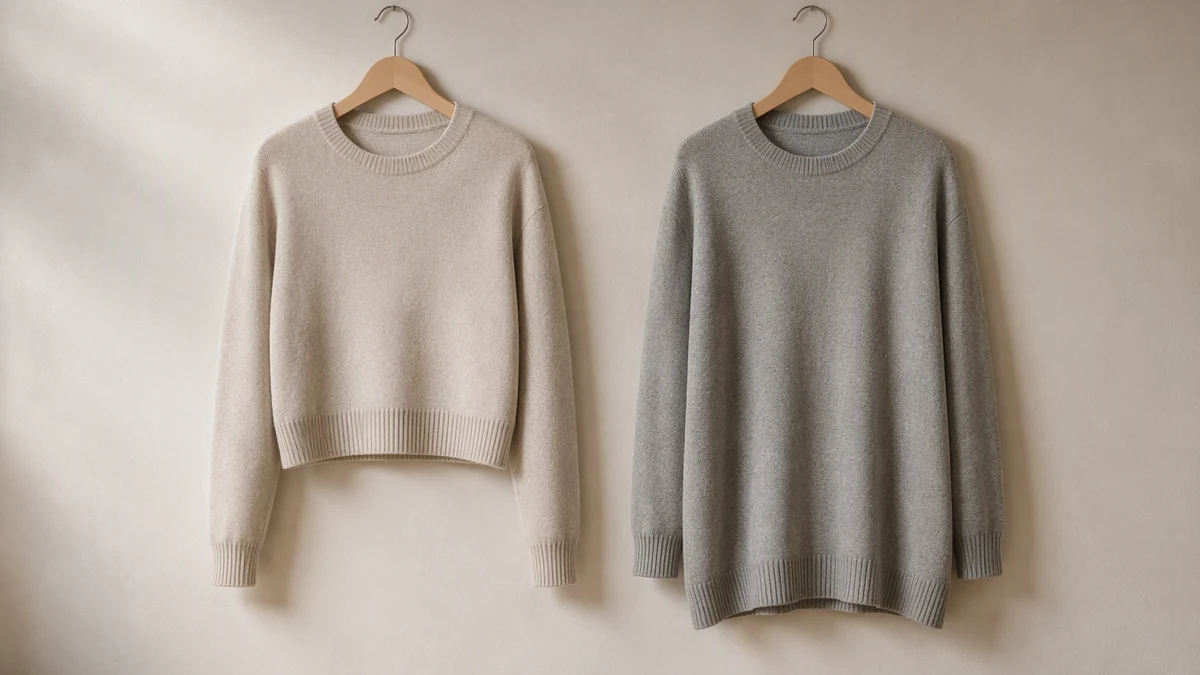 Two knitted sweaters hung on plain wooden hangers against a neutral wall, showing a visible difference in length and drape