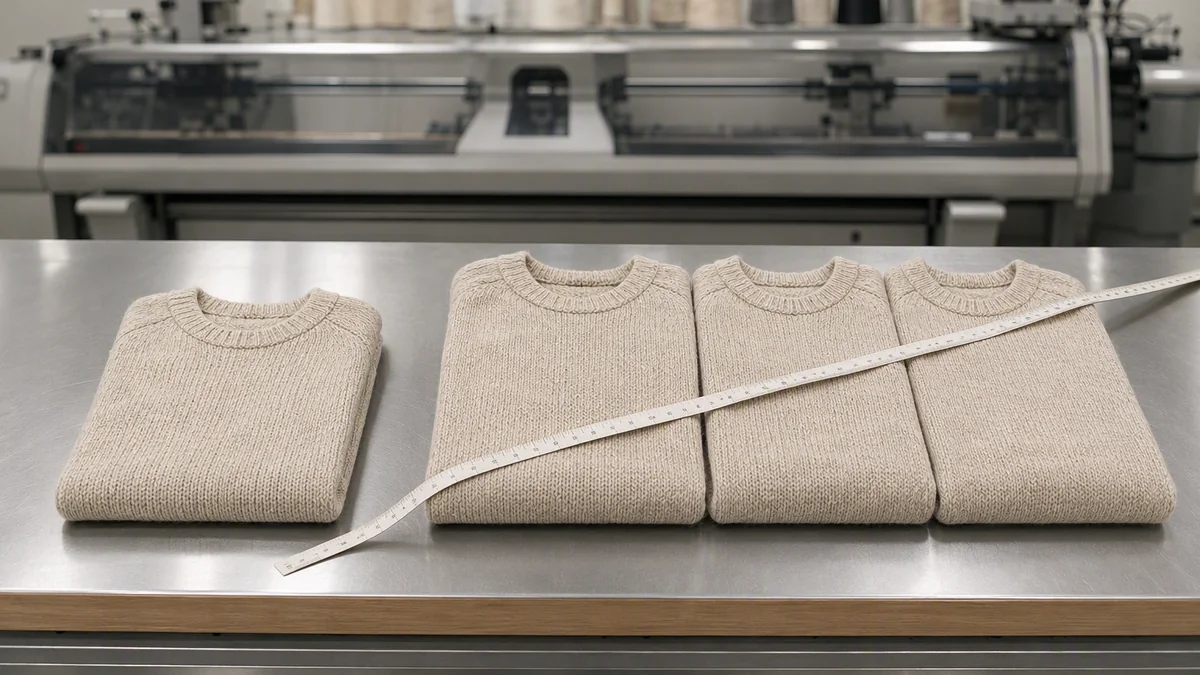 An approved knitwear sample beside three bulk production sweaters with a cloth measuring tape on a factory inspection bench