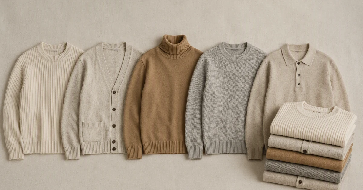 Flat-laid knitted garments from a bulk knitwear order arranged in a row, with a folded stack of matching knitted styles beside them