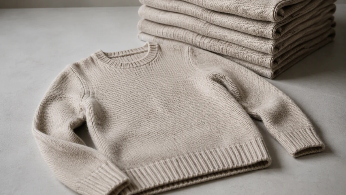 Approved knitted sample beside a folded stack of the same style representing a bulk order